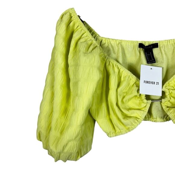NWT Forever 21 Crop Top Womens S Neon Yellow Textured Puff Sleeve Milkmaid Boho - Picture 2 of 4